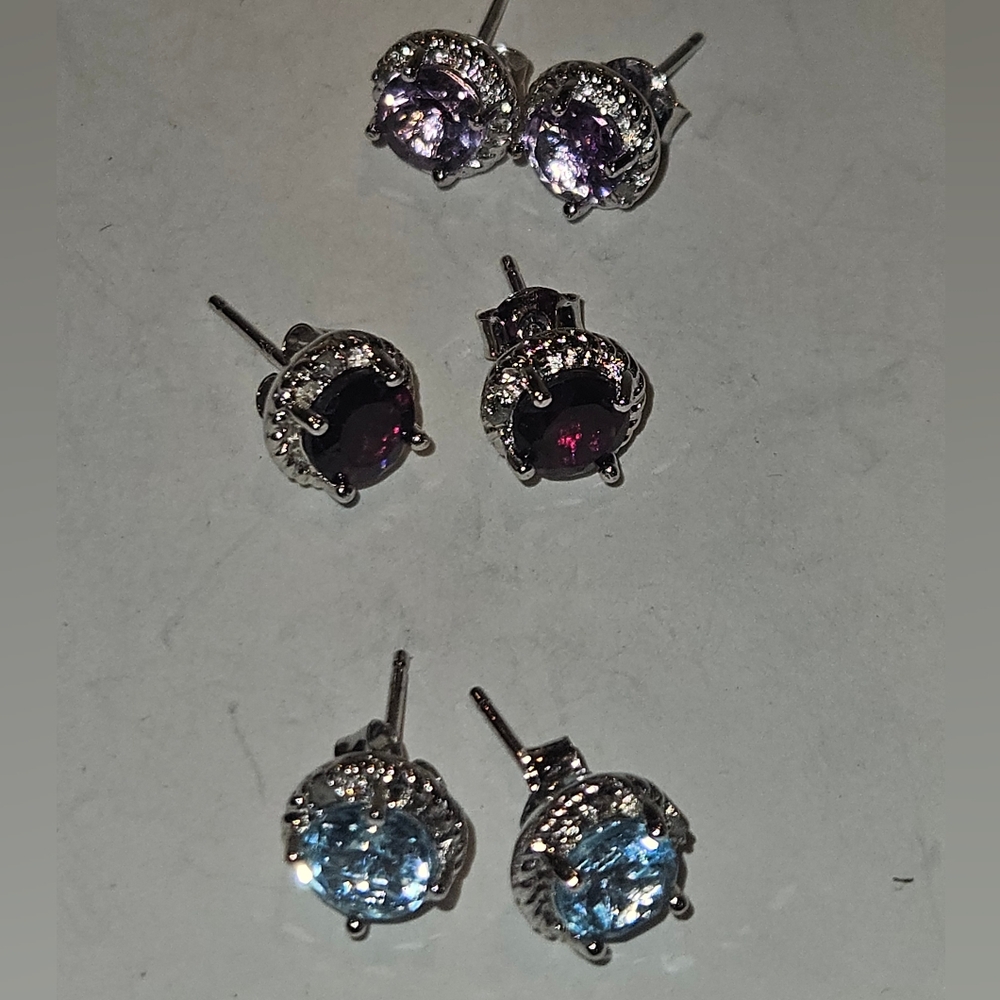 3 Pairs Silver and Gemstone Stud Earrings Set Purple Amethyst Garnet Aquamarine